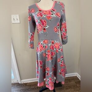 Matilda Jane peony floral fit & flare midi dress pink gray SZ SM